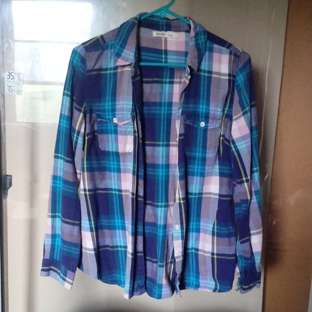 ladies old navy plaid long-sleeve shirt blue pink